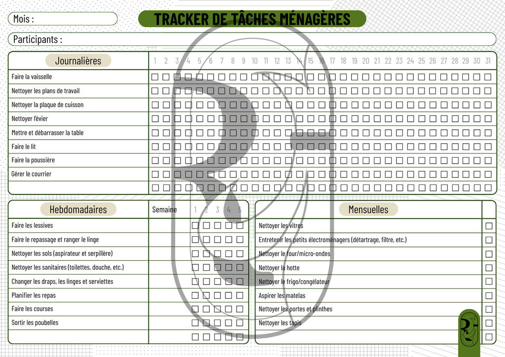 TRACKER DE TÂCHES MÉNAGÈRES (Prés-remplis, Pas de personnalisation, Français)